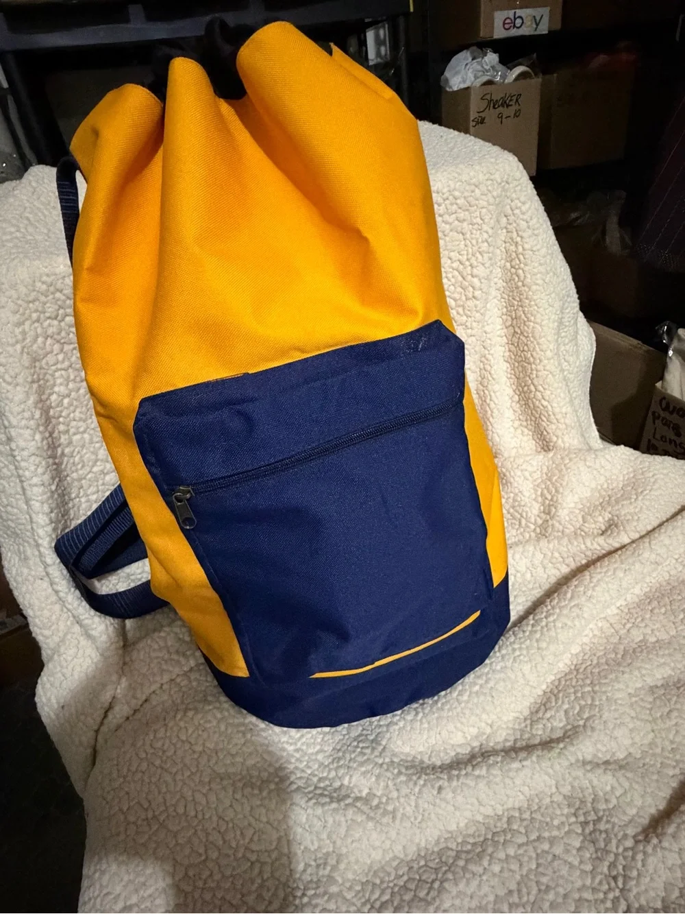 Vintage Yellow and Navy Travel Laundry Backpack